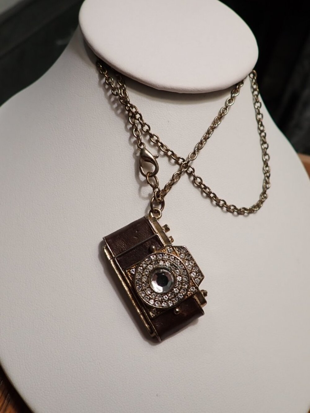 Vintage Brown Leather Camera Pendant Gold Tone Chain Necklace